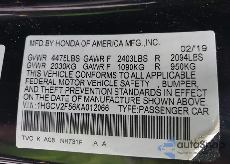 2019 Honda Accord Ex-L 2.0T из США, поврежденный, VIN 1HGCV2F56KA012066